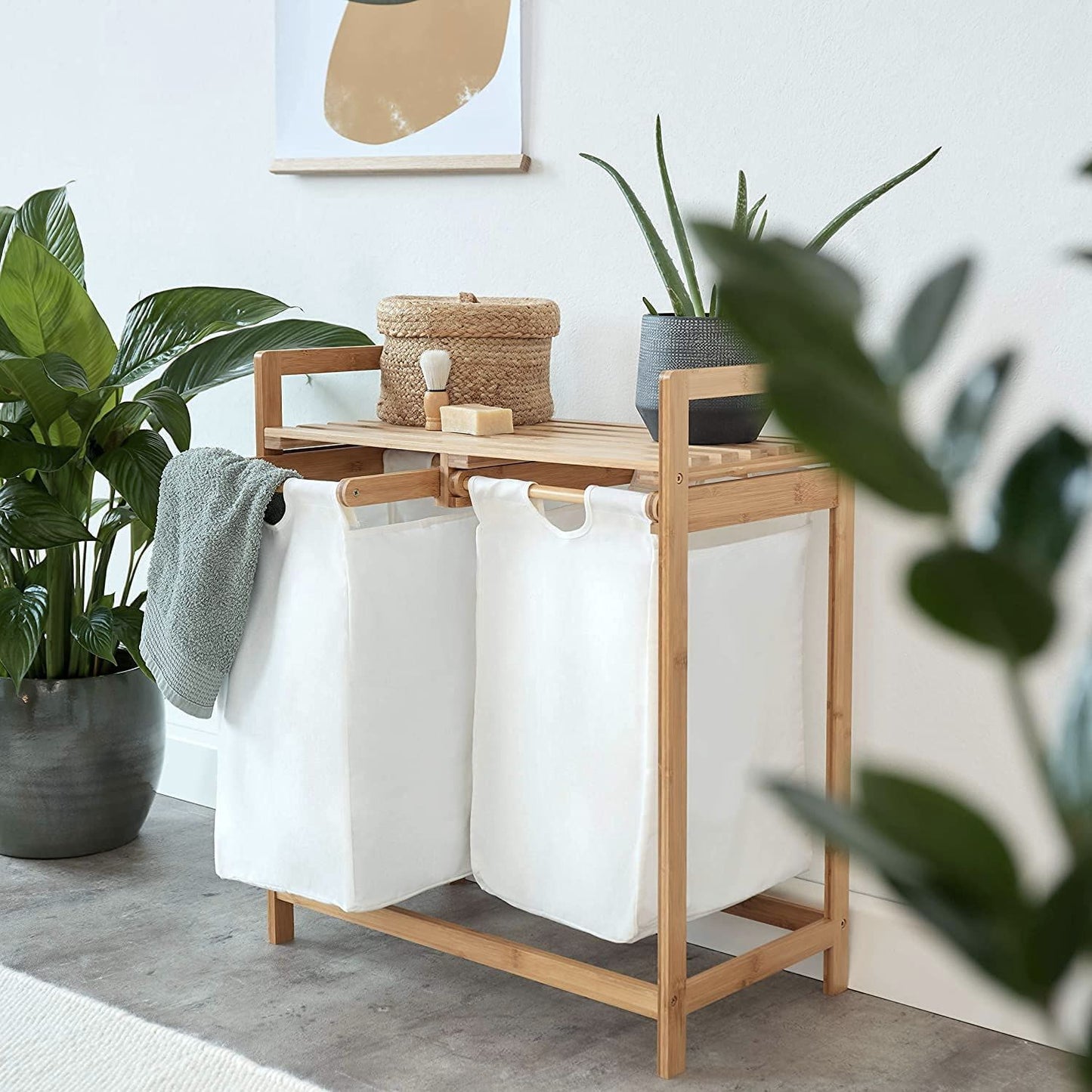Cesto Lavandería Doble Bambú para Ropa Beige