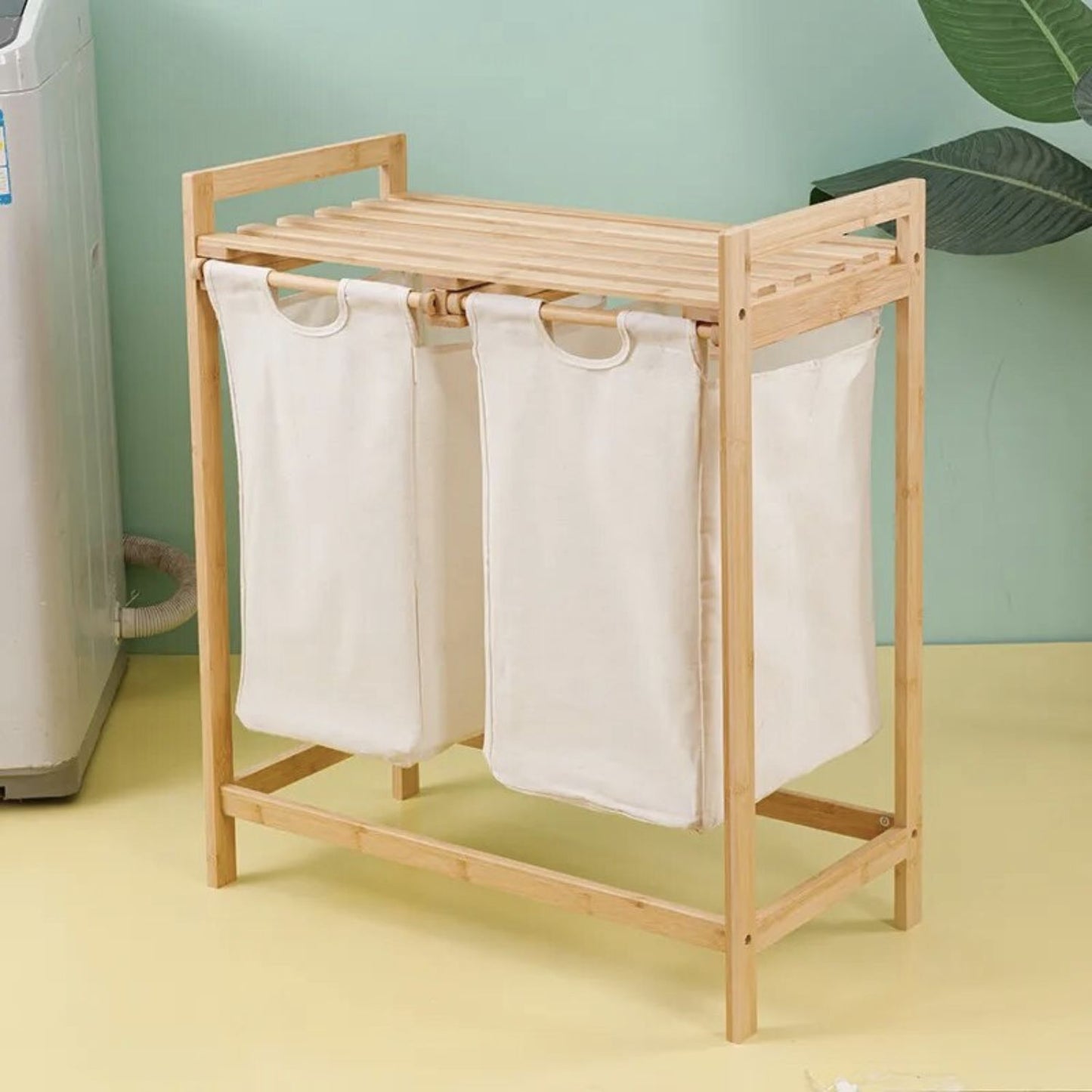 Cesto Lavandería Doble Bambú para Ropa Beige