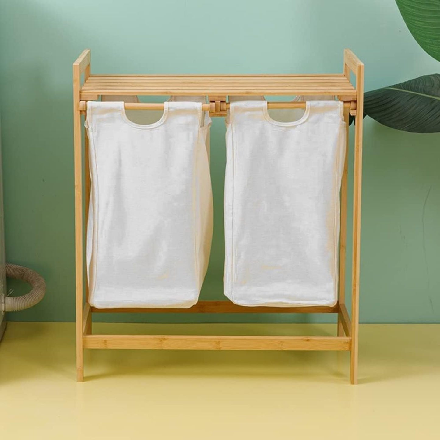 Cesto Lavandería Doble Bambú para Ropa Beige