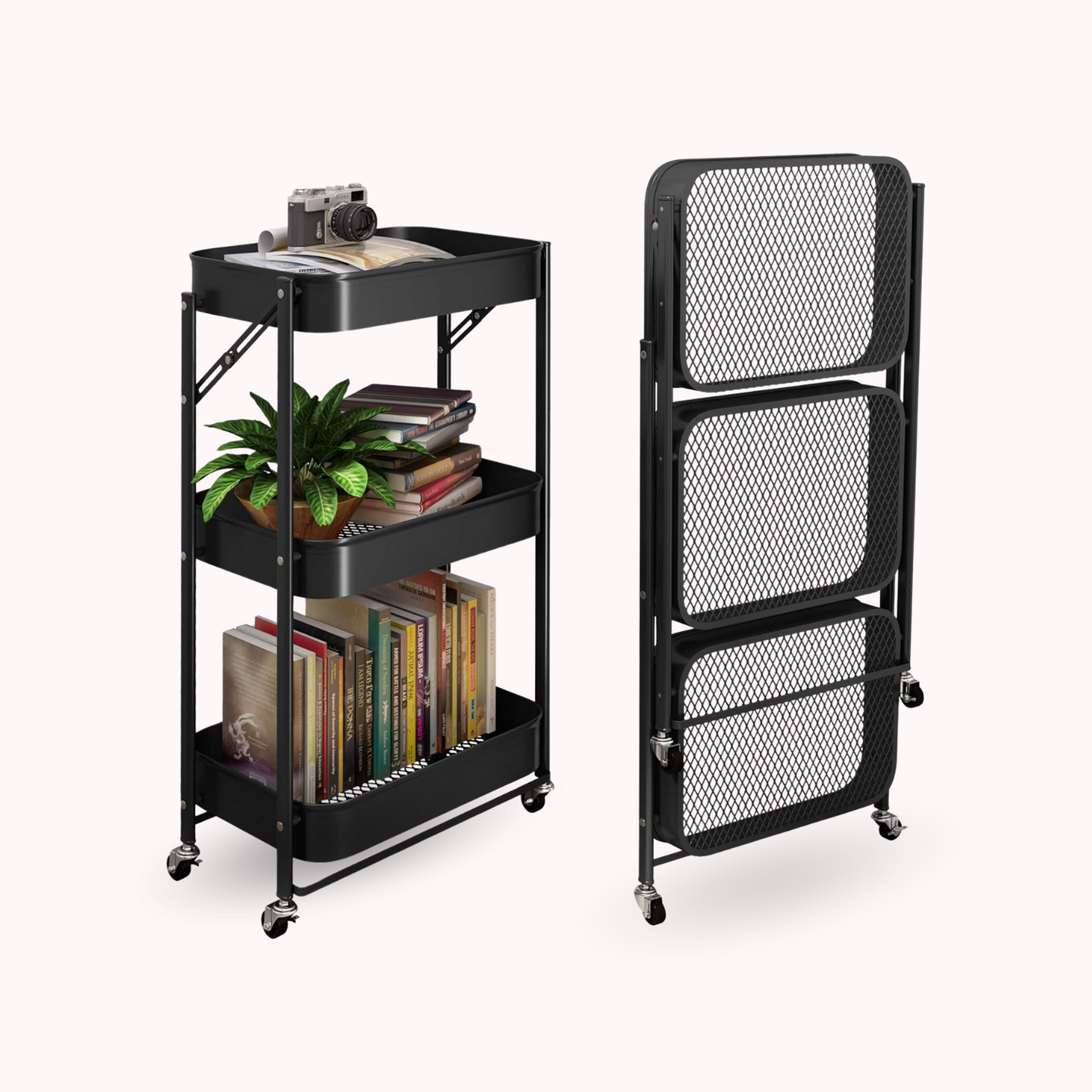 Carrito Organizador Plegable de 3 Niveles Negro