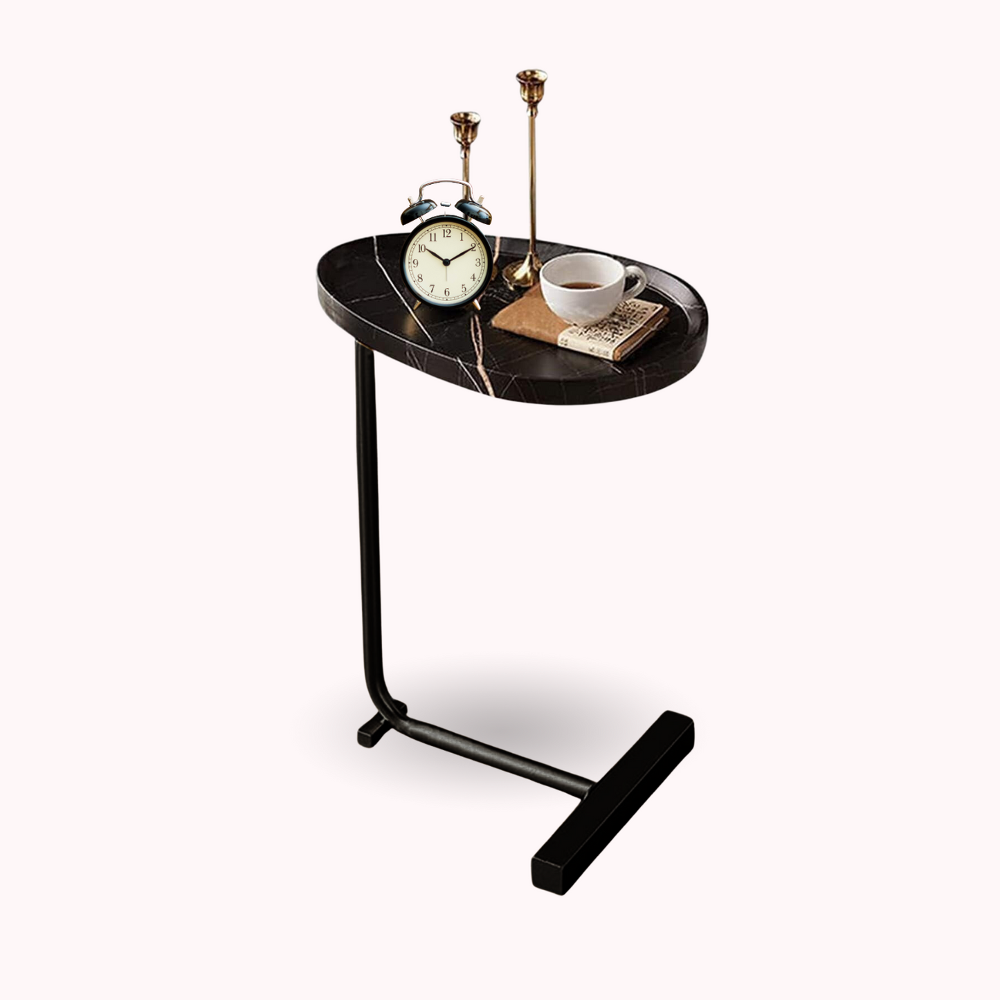 Mesa Madera Lateral con Pedestal Negro Estilo Mármol