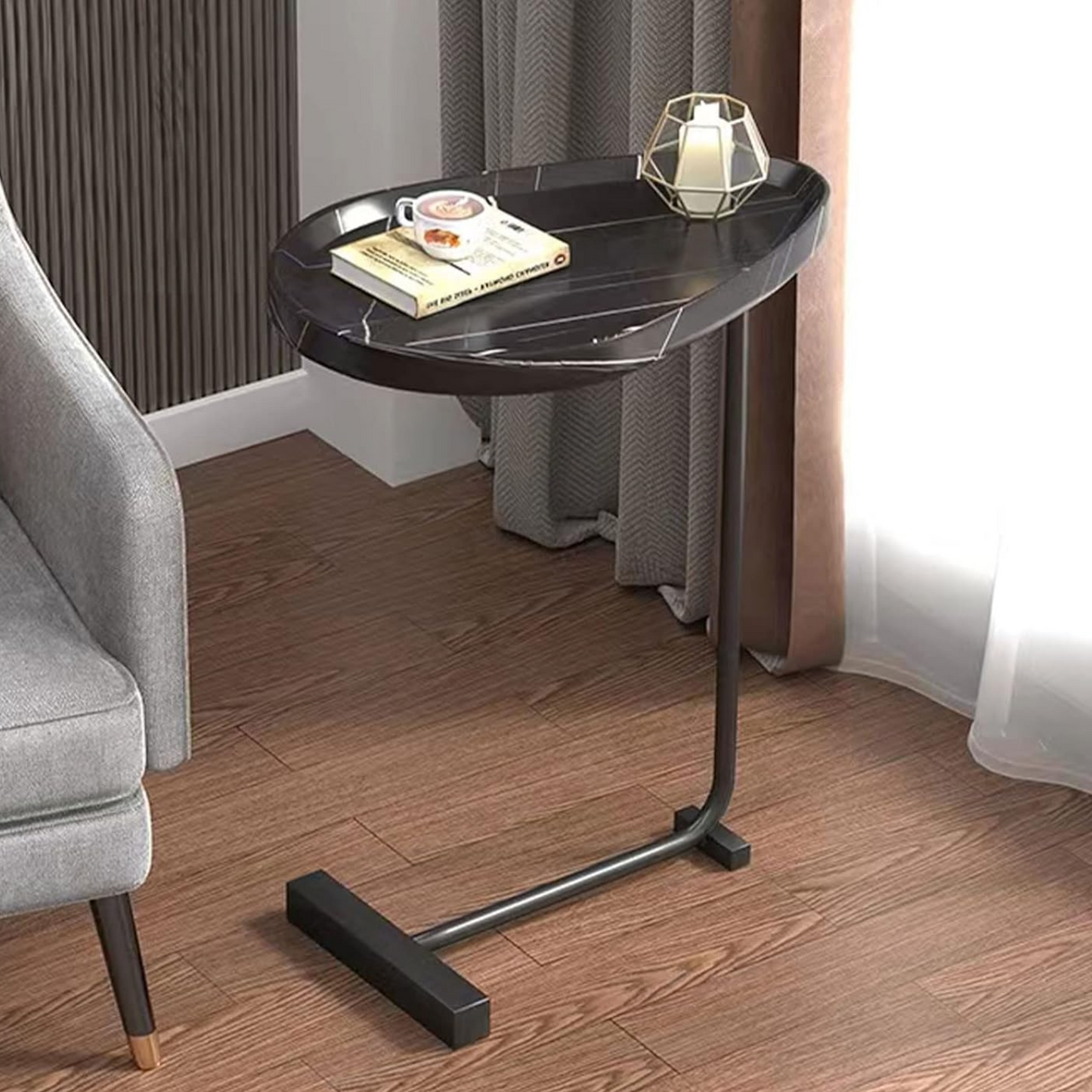 Mesa Madera Lateral con Pedestal Negro Estilo Mármol