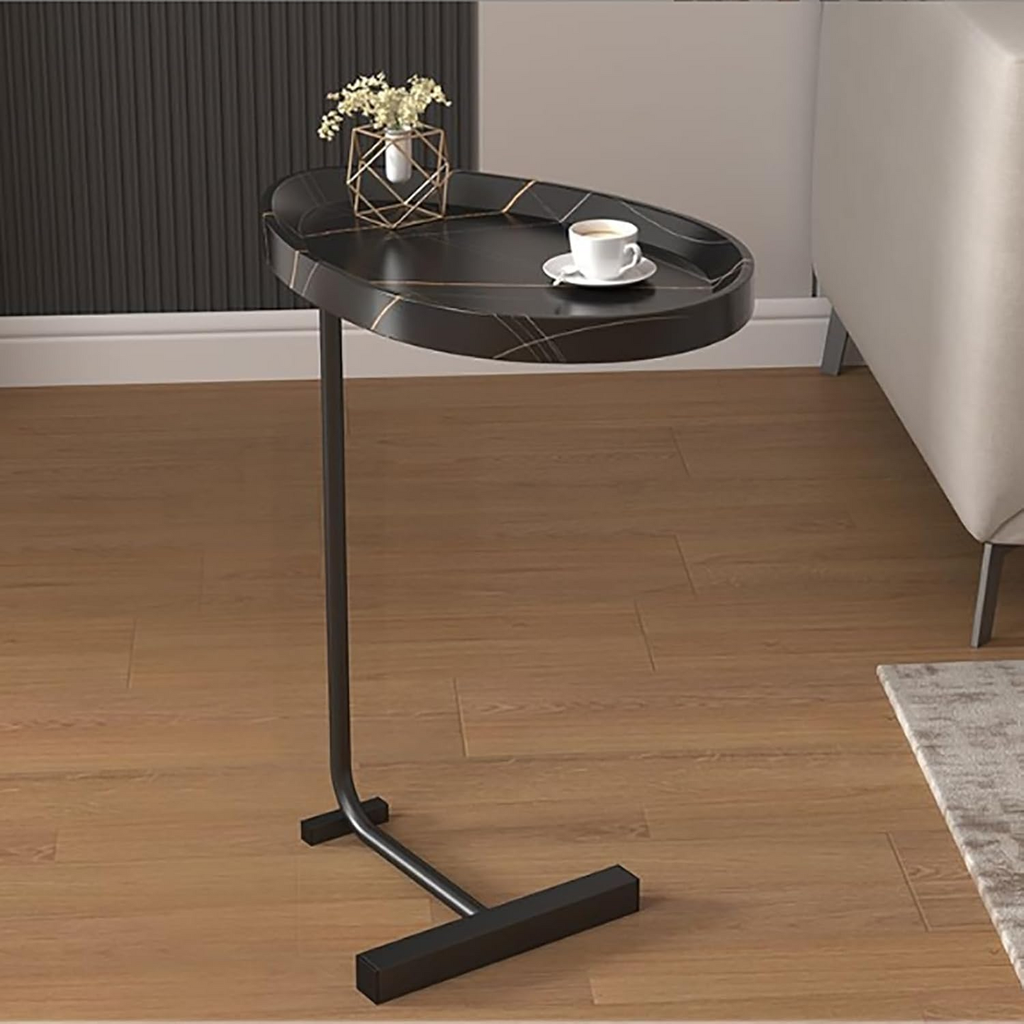 Mesa Madera Lateral con Pedestal Negro Estilo Mármol
