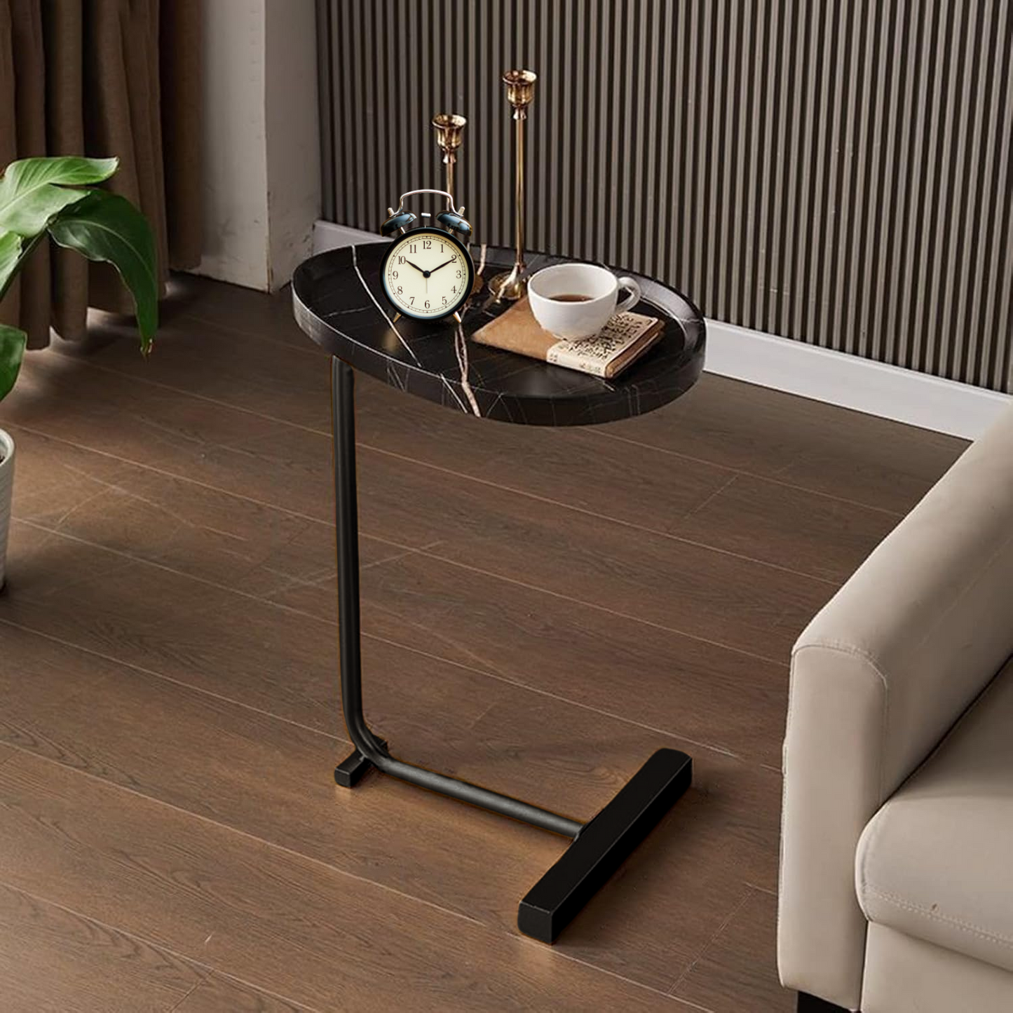 Mesa Madera Lateral con Pedestal Negro Estilo Mármol