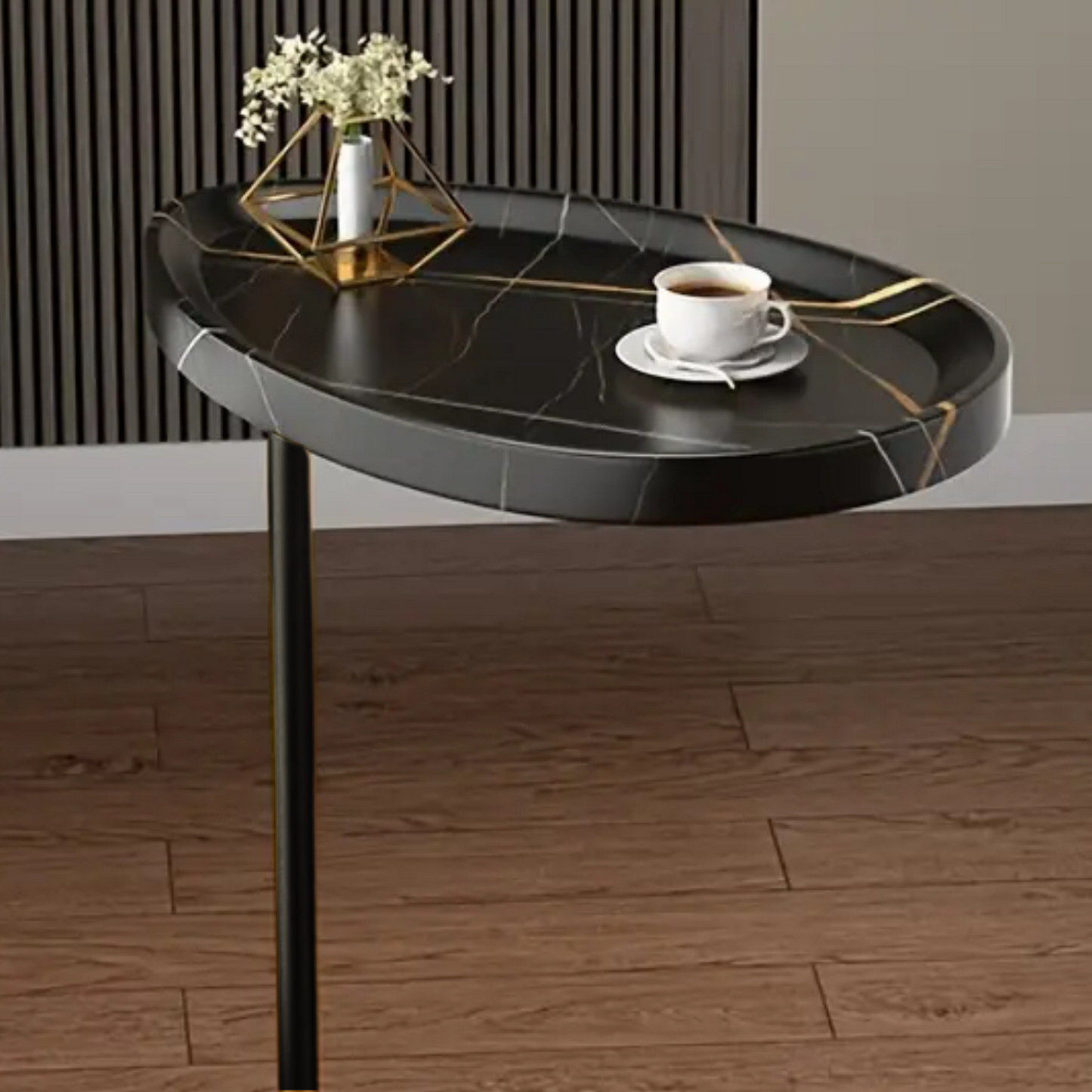 Mesa Madera Lateral con Pedestal Negro Estilo Mármol