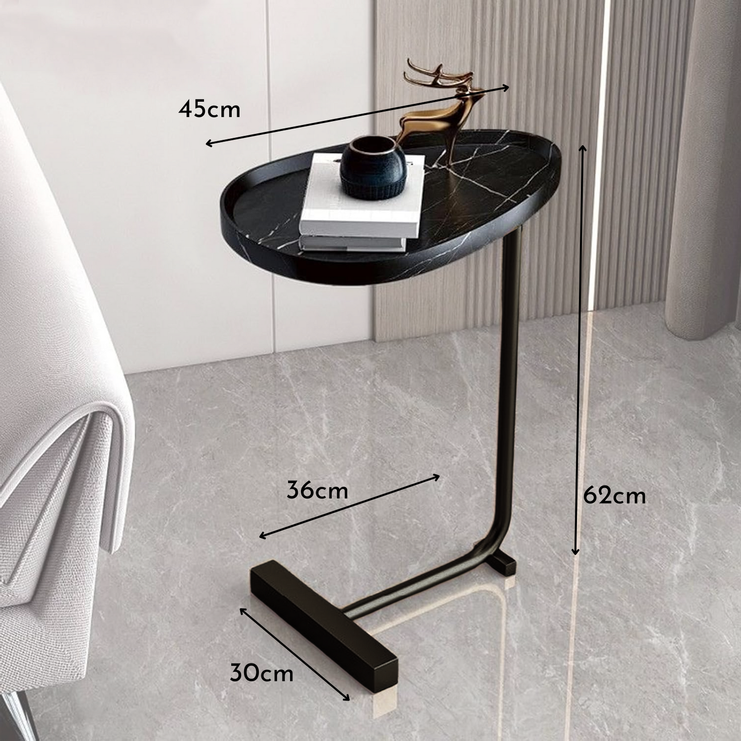 Mesa Madera Lateral con Pedestal Negro Estilo Mármol