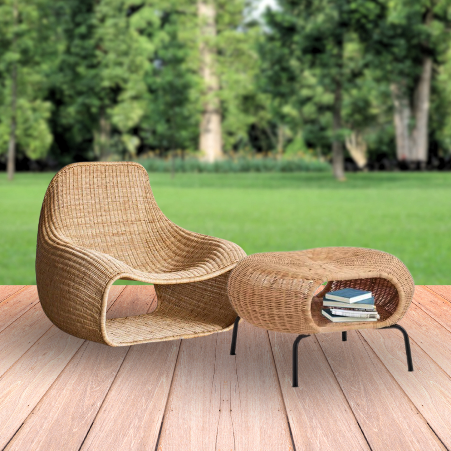 Juego de Terraza y Jardín Ratan Sillones y Mesa Otomana