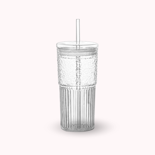 Vaso Vidrio con Bombilla y Tapa Perlado 500ml
