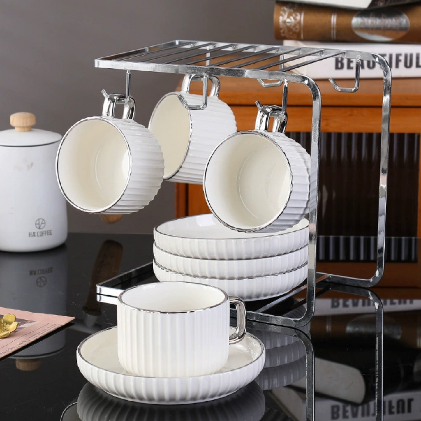 Set Café Tazas y Platos 230ml Lineas Plateado 6un