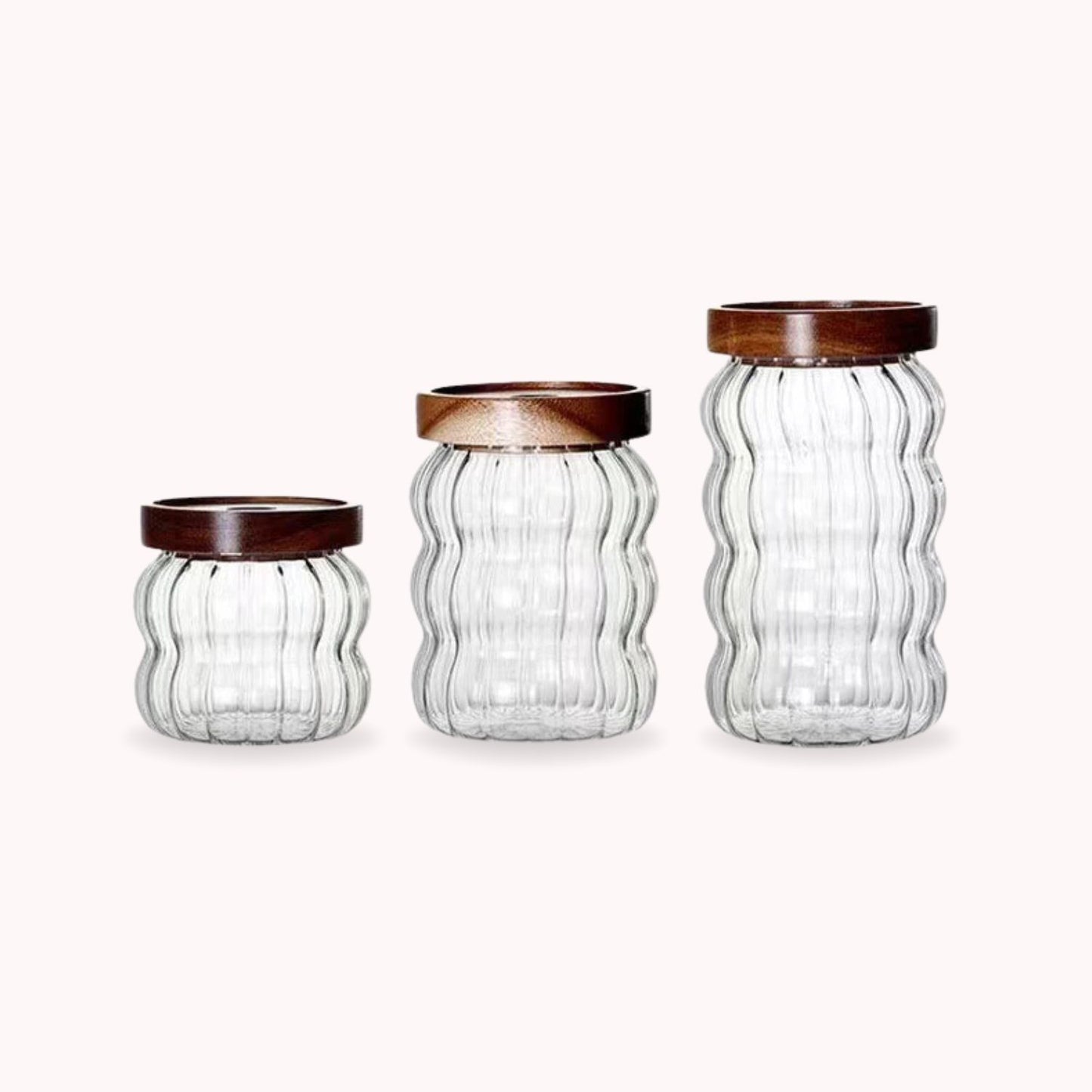 Frascos de Vidrio Tapa Madera y Ondas Set 3un