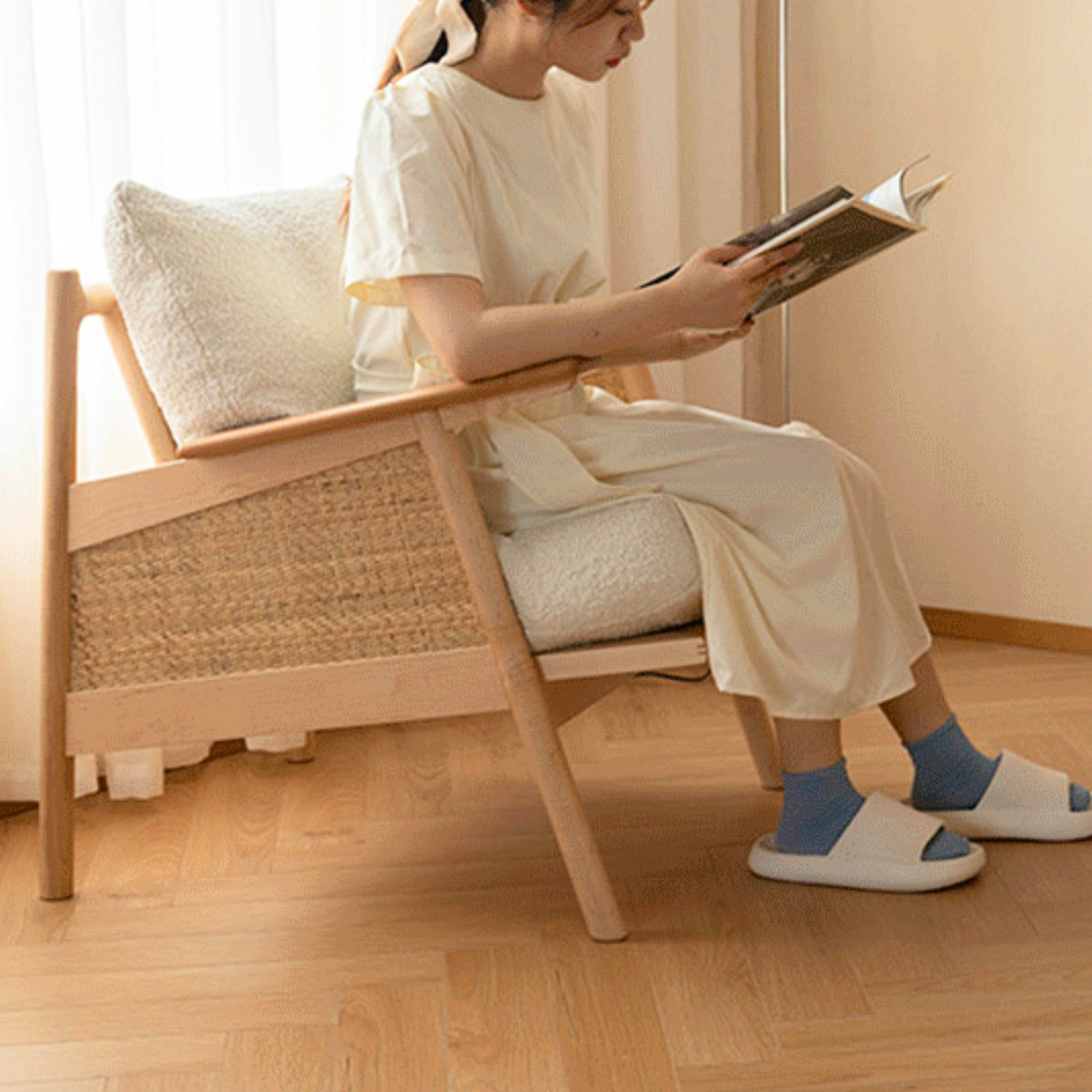 Sitial Madera Rattan Blanco Nórdico