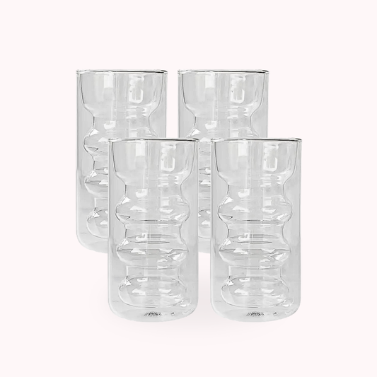 PREVENTA - Set 4 Vasos Vidrio Doble Fondo Ondas Alto