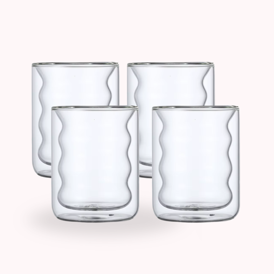 PREVENTA - Set 4 Vasos Vidrio Doble Fondo Ondas Bajo