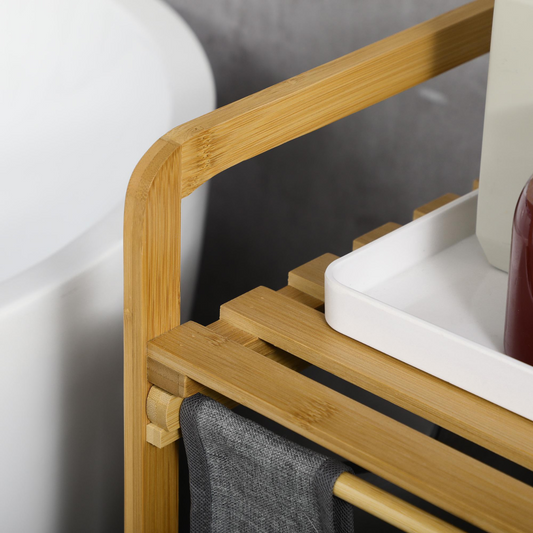 Cesto Lavandería Estante Doble Bambú para Ropa Gris