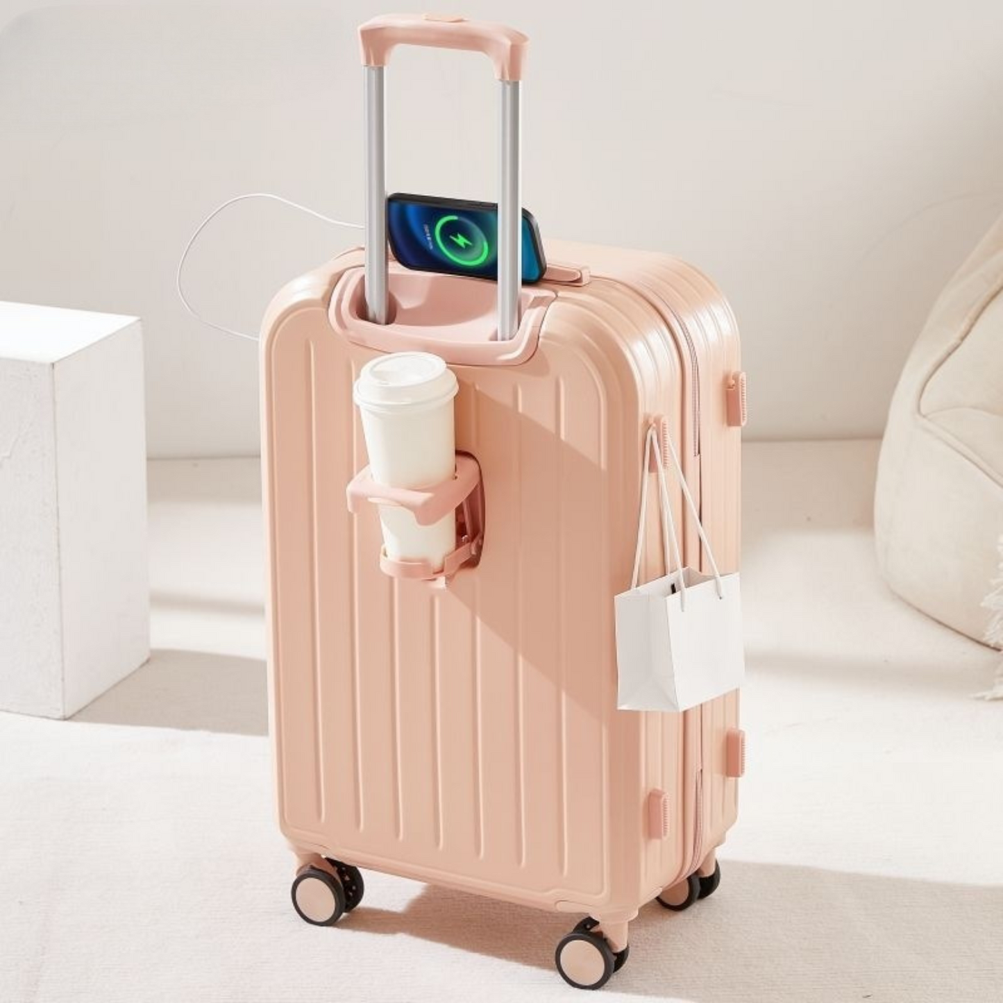 Maleta con Ruedas 360 Puerto USB Rosado