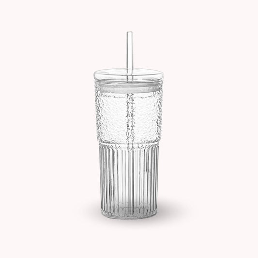 Set 2 Vasos Vidrio con Bombilla y Tapa Perlado 500ml