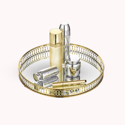 Bandeja Decorativa Con Espejo Dorada Redonda