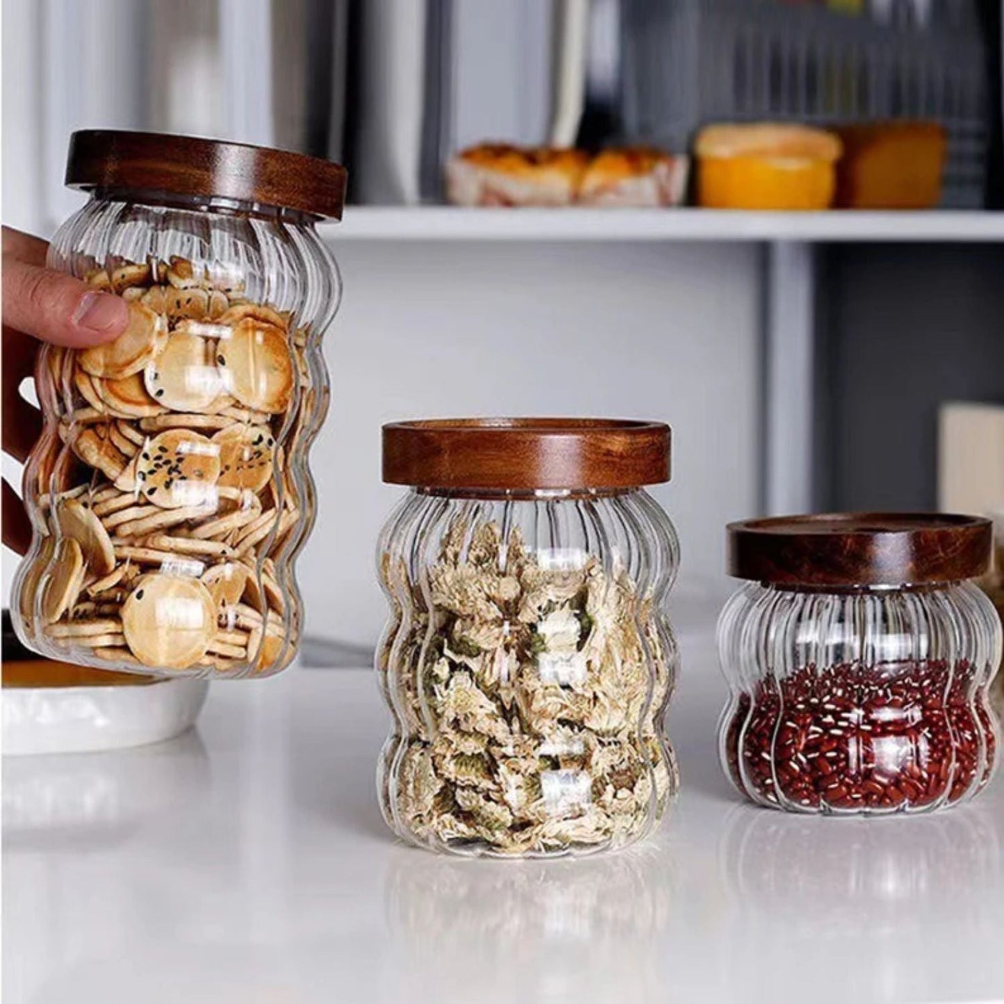 Frascos de Vidrio Tapa Madera y Ondas Set 3un