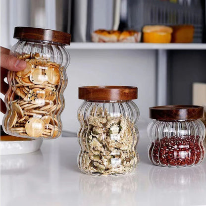 Frascos de Vidrio Tapa Madera y Ondas Set 3un