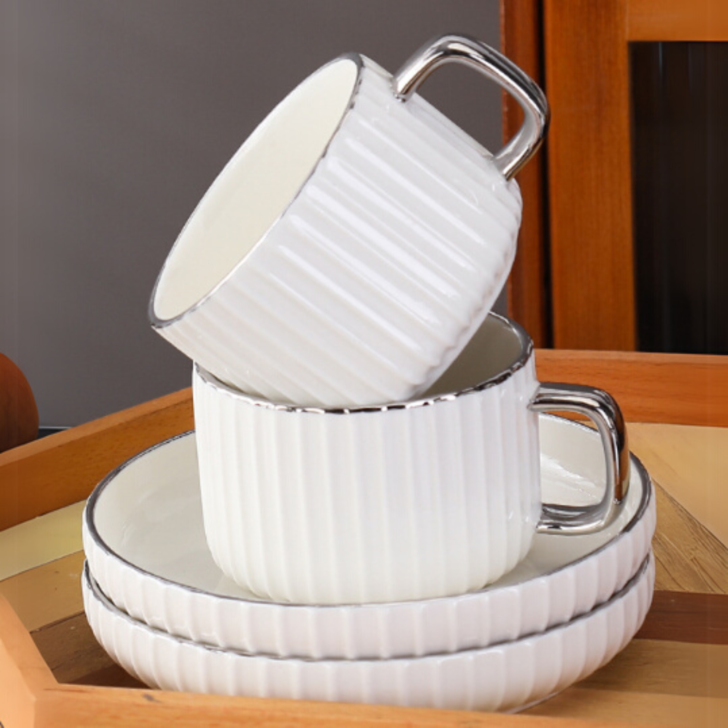 Juego De Té Café Set De Tazas Y Platos Con Soporte Plateado Blanco