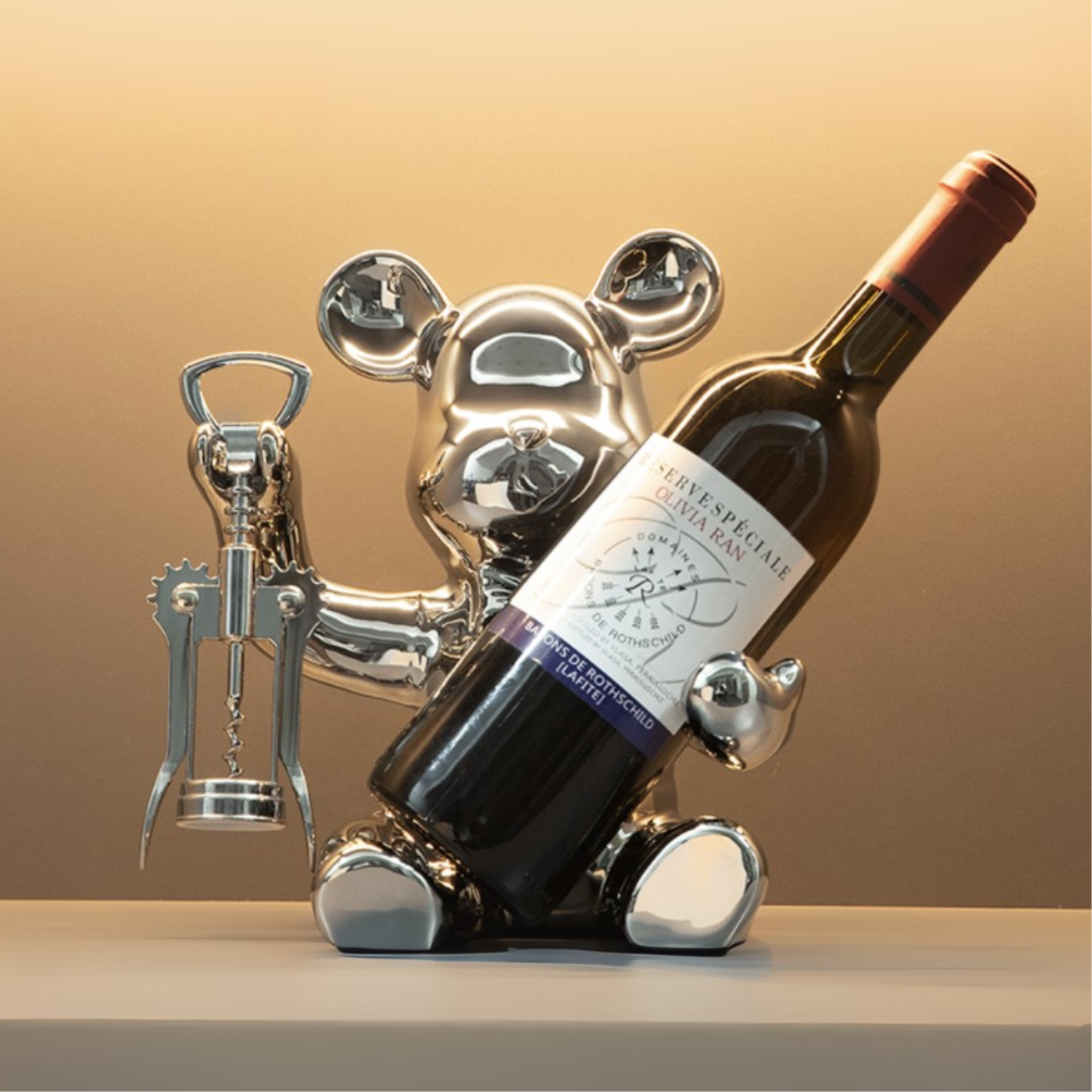 Sacacorcho Destapador Y Soporte Botellas Figura Oso Plateado
