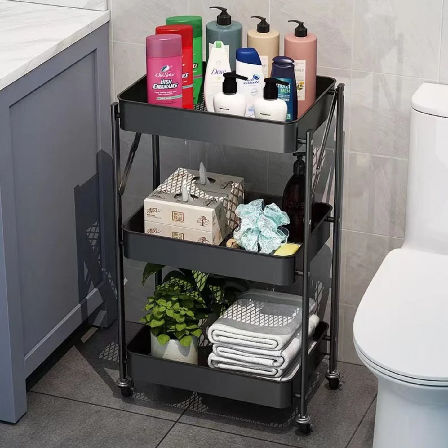 Carrito Organizador Plegable de 3 Niveles Negro