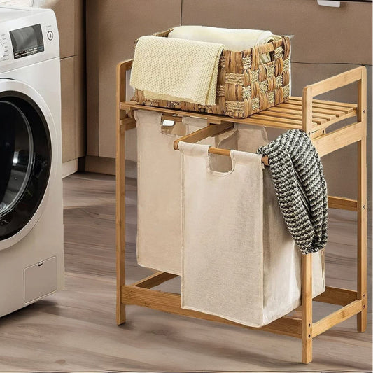 Cesto Lavandería Doble Bambú para Ropa Beige