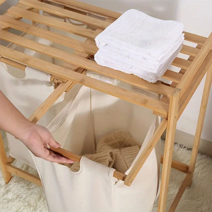Cesto Lavandería Doble Bambú para Ropa Beige