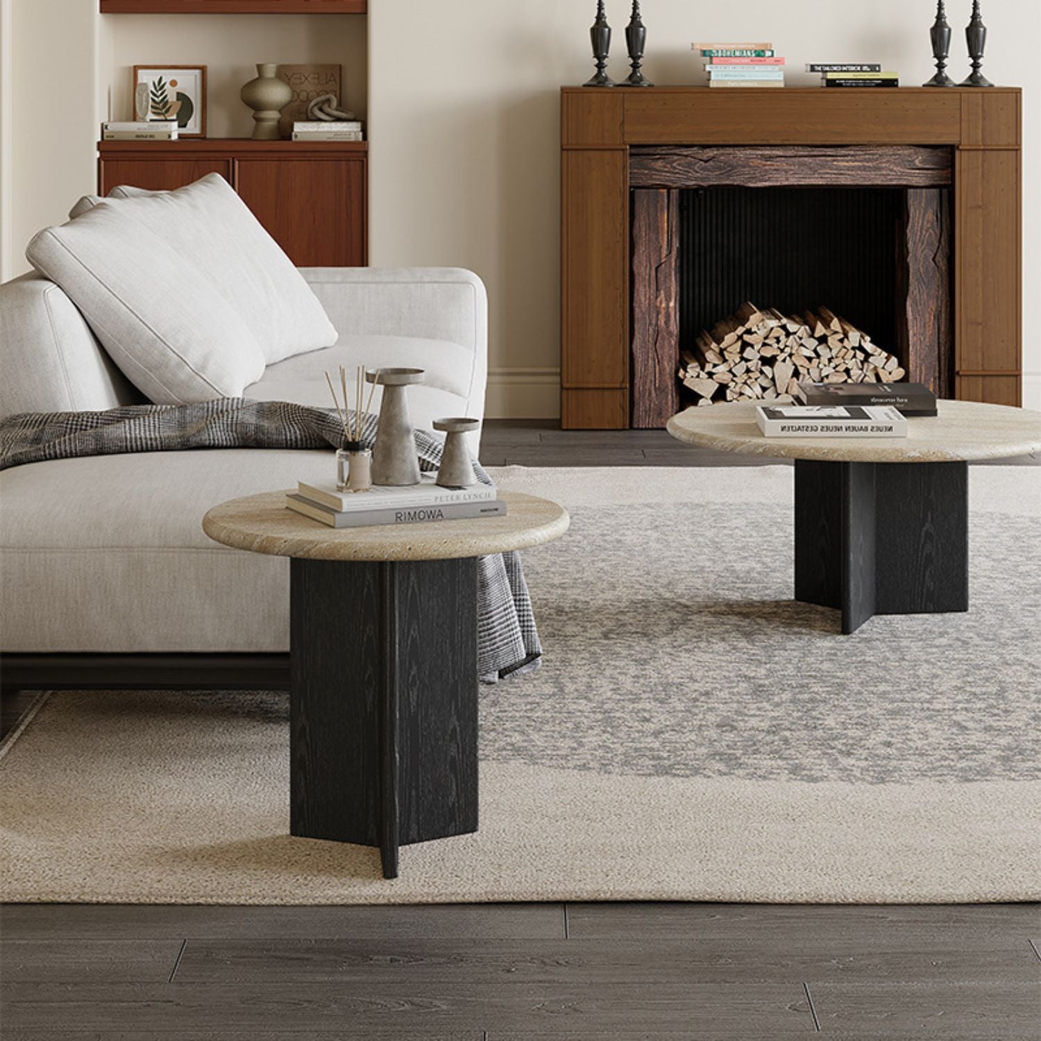 Mesa De Centro Doble Travertino Tono Wengue