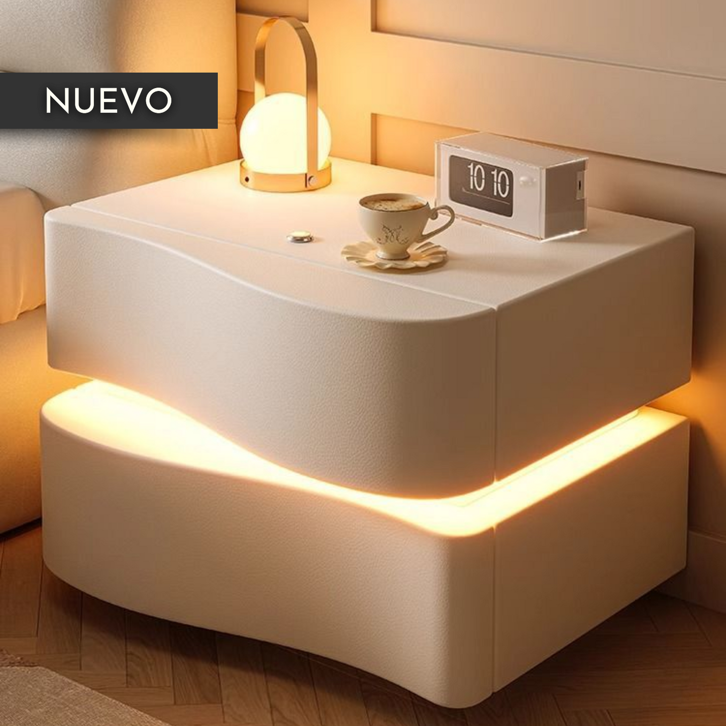 Velador doble Cajón con luz Led Crema