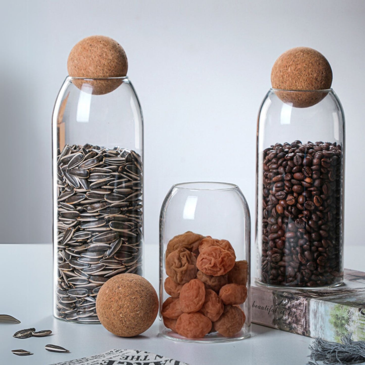 Contenedor de Vidrio y Tapa de Corcho Set 3un