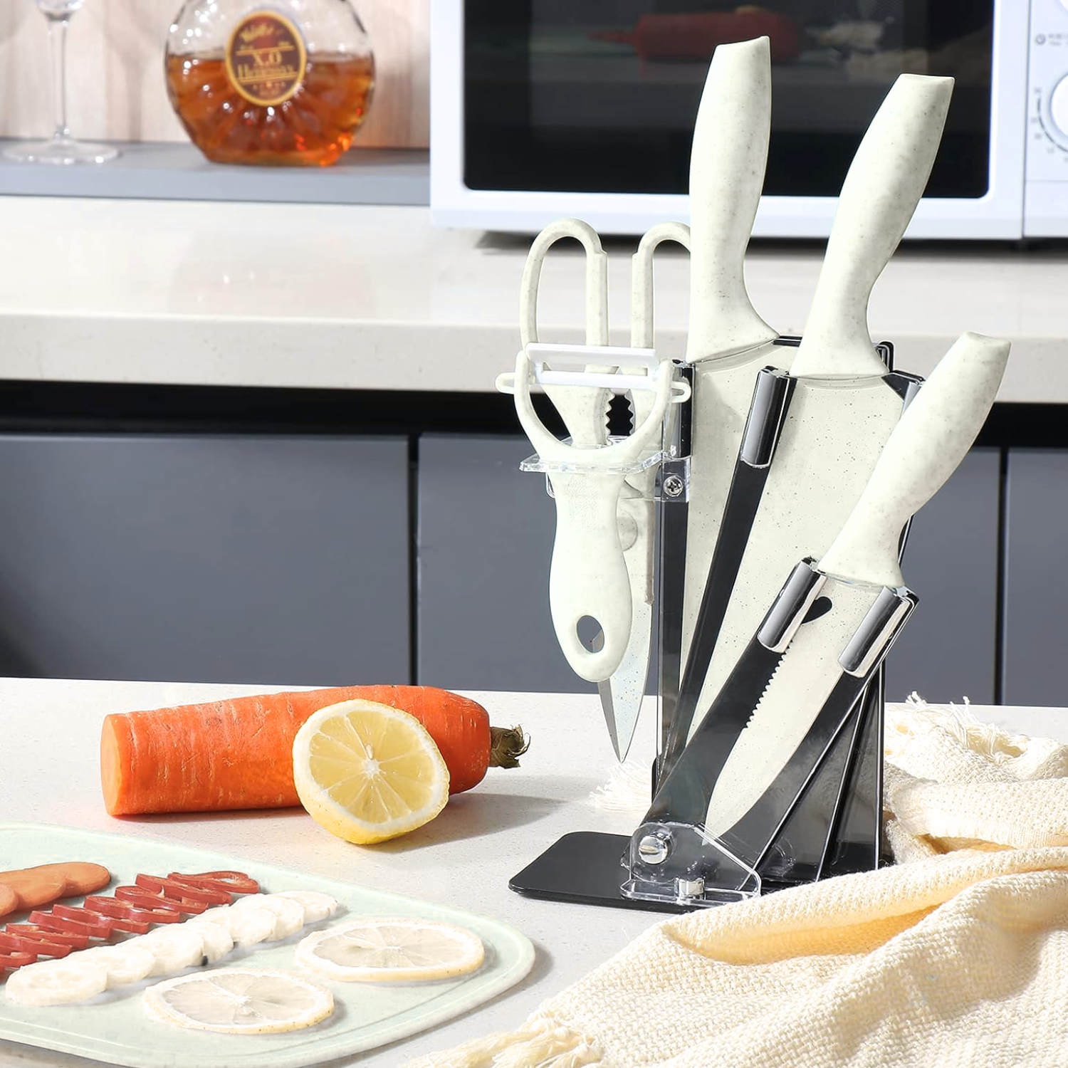 Set de Cuchillos Con Soporte y Tabla de Fibra Blanco