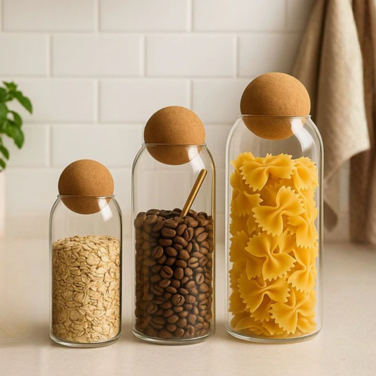 Contenedor de Vidrio y Tapa de Corcho Set 3un