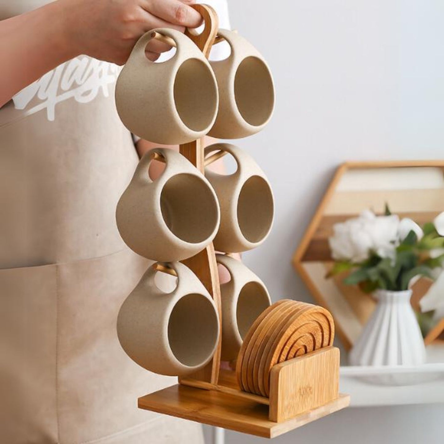 Set de 6 Tazas Y Soporte Vertical Con Posa Vasos