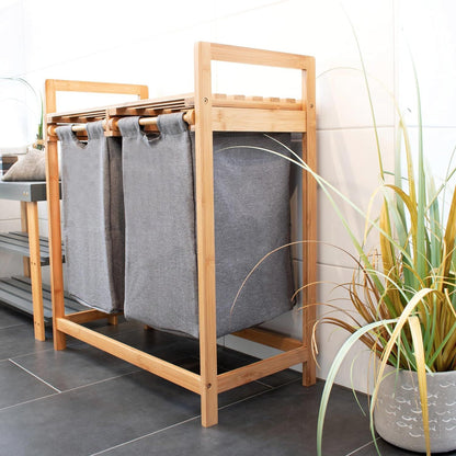 Cesto Lavandería Estante Doble Bambú para Ropa Gris