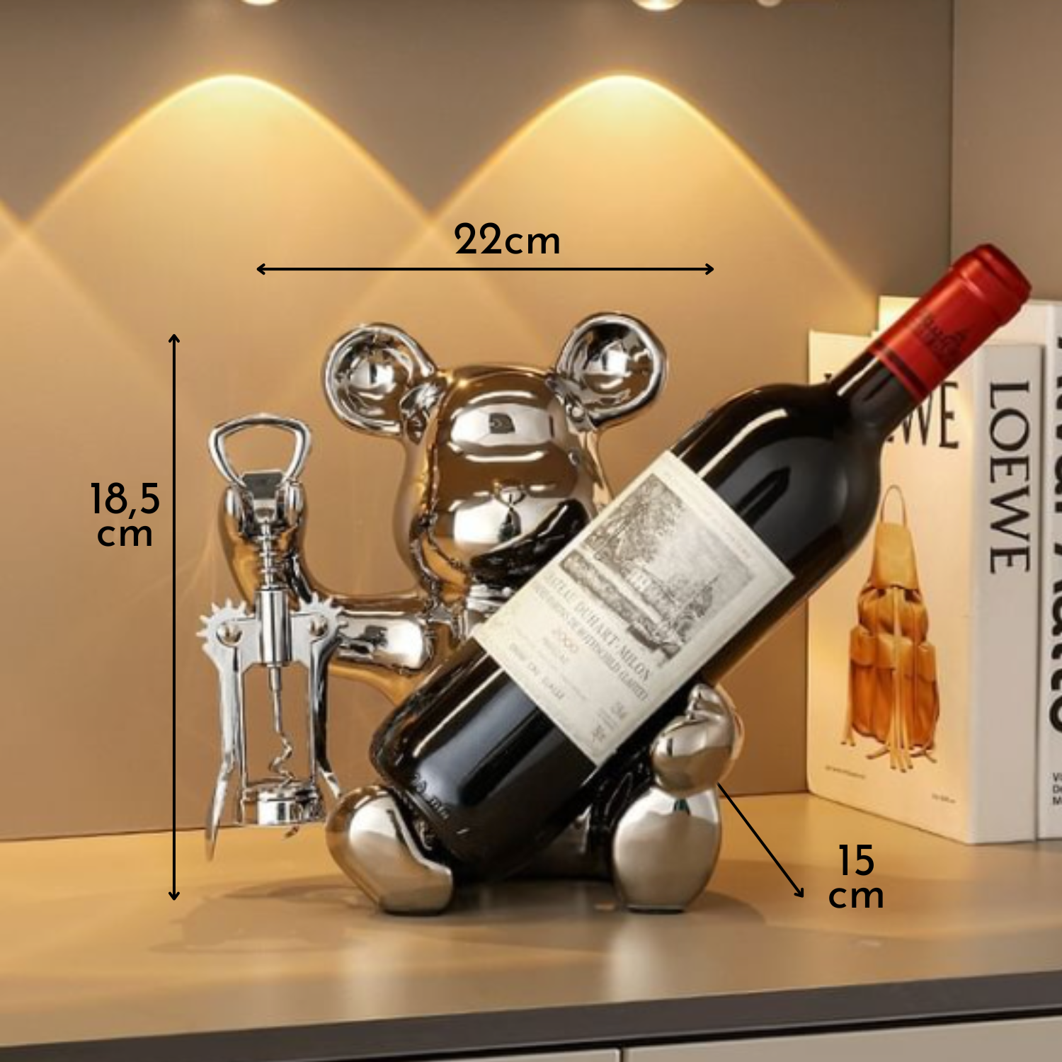 Sacacorcho Destapador Y Soporte Botellas Figura Oso Plateado