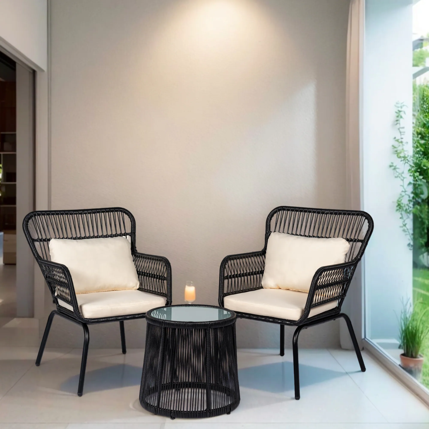 Set de Terraza Living Exterior Entrelazado Negro Sillas y Mesa