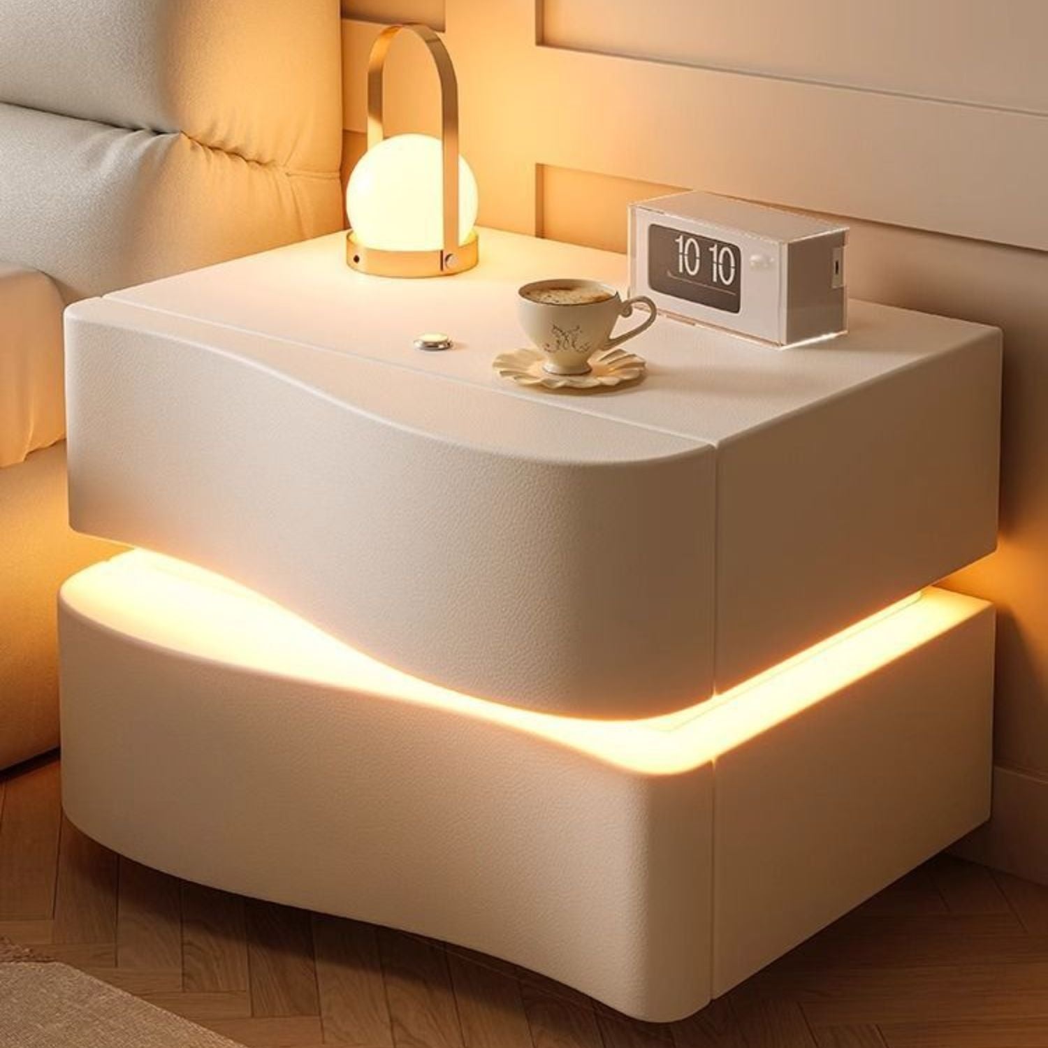 Velador Doble Cajón Con Luz Led Crema