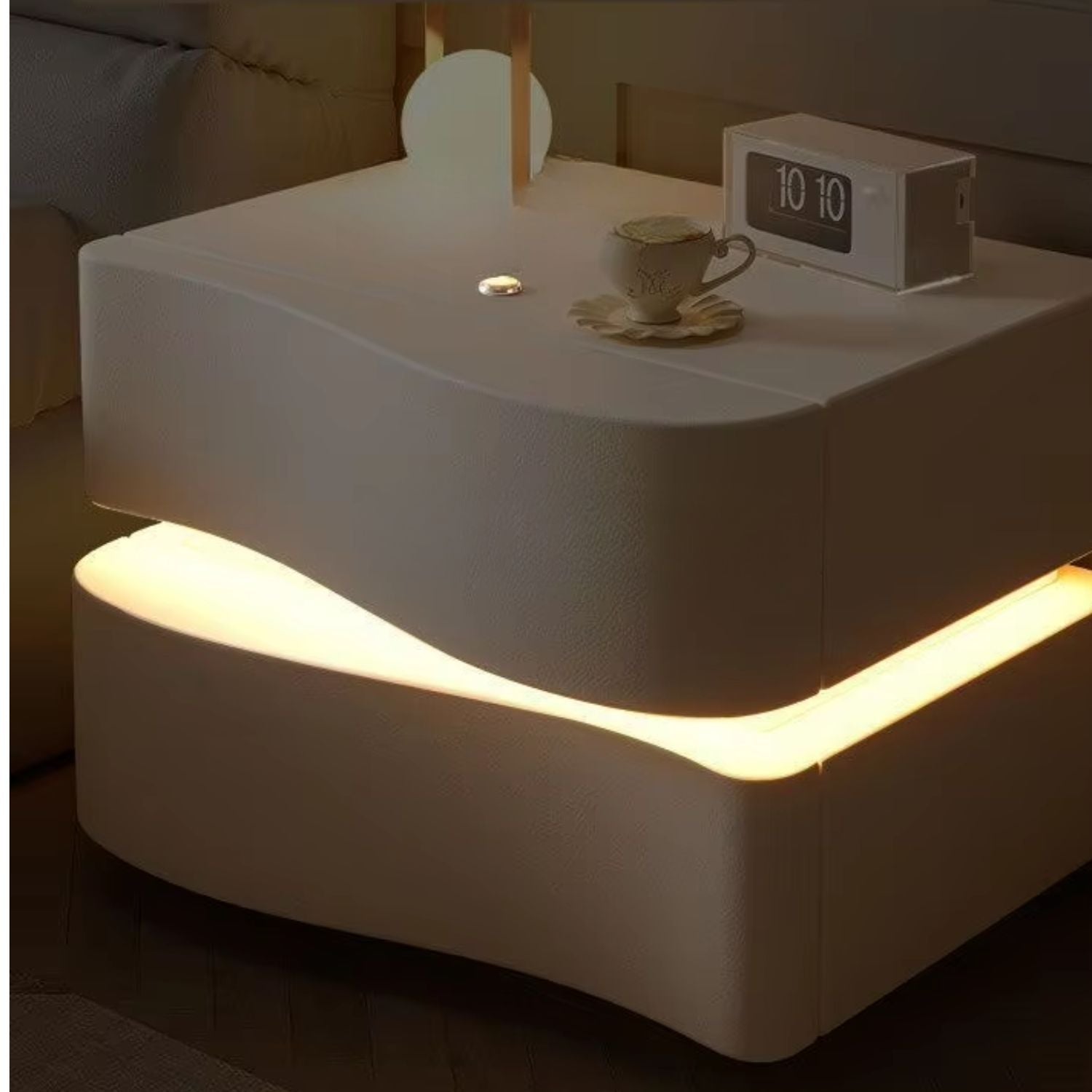 Velador Doble Cajón Con Luz Led Crema