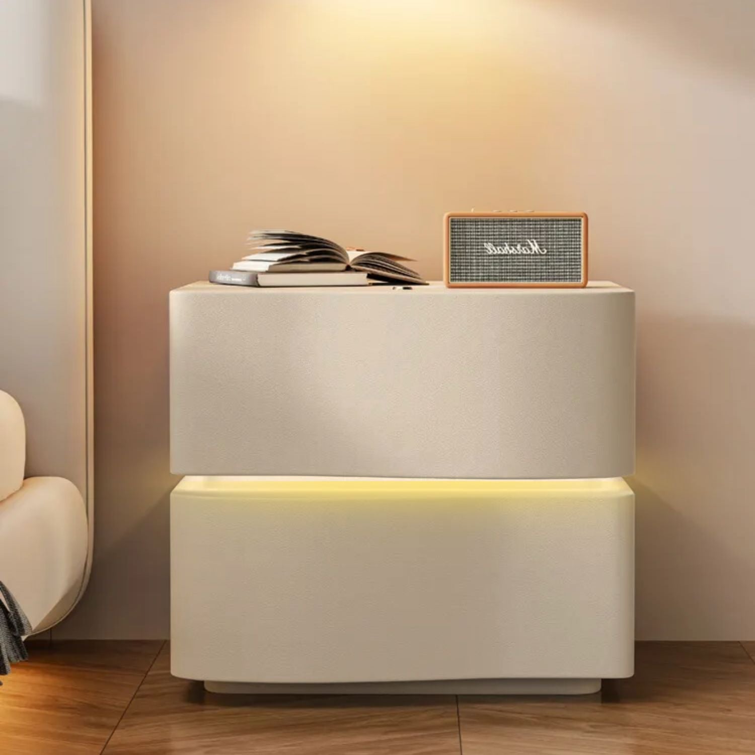 Velador Doble Cajón Con Luz Led Crema