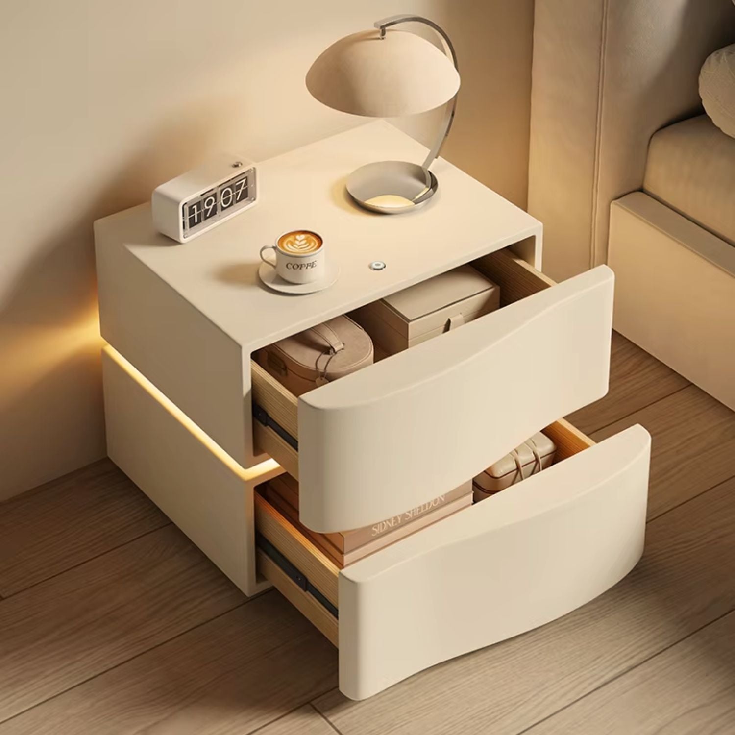 Velador Doble Cajón Con Luz Led Crema