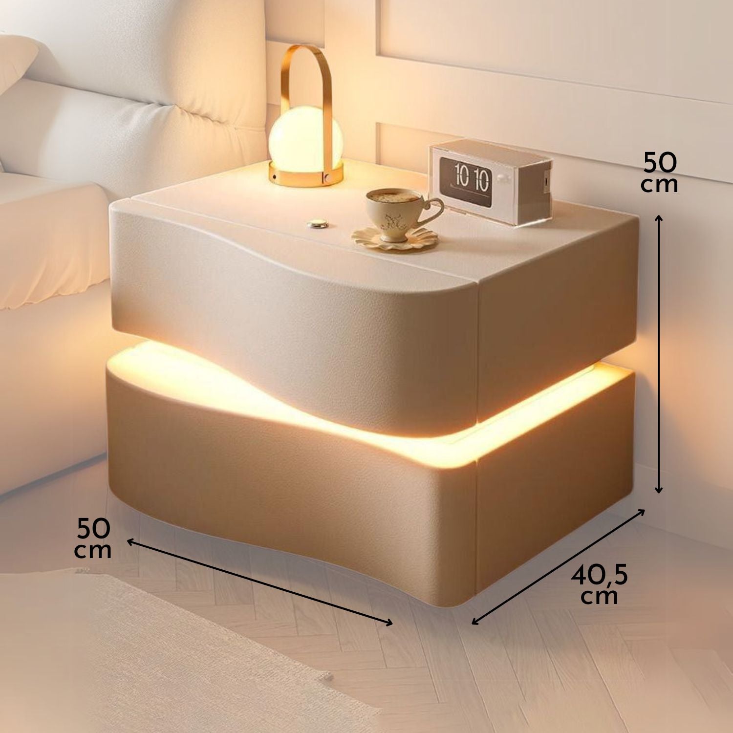 Velador Doble Cajón Con Luz Led Crema