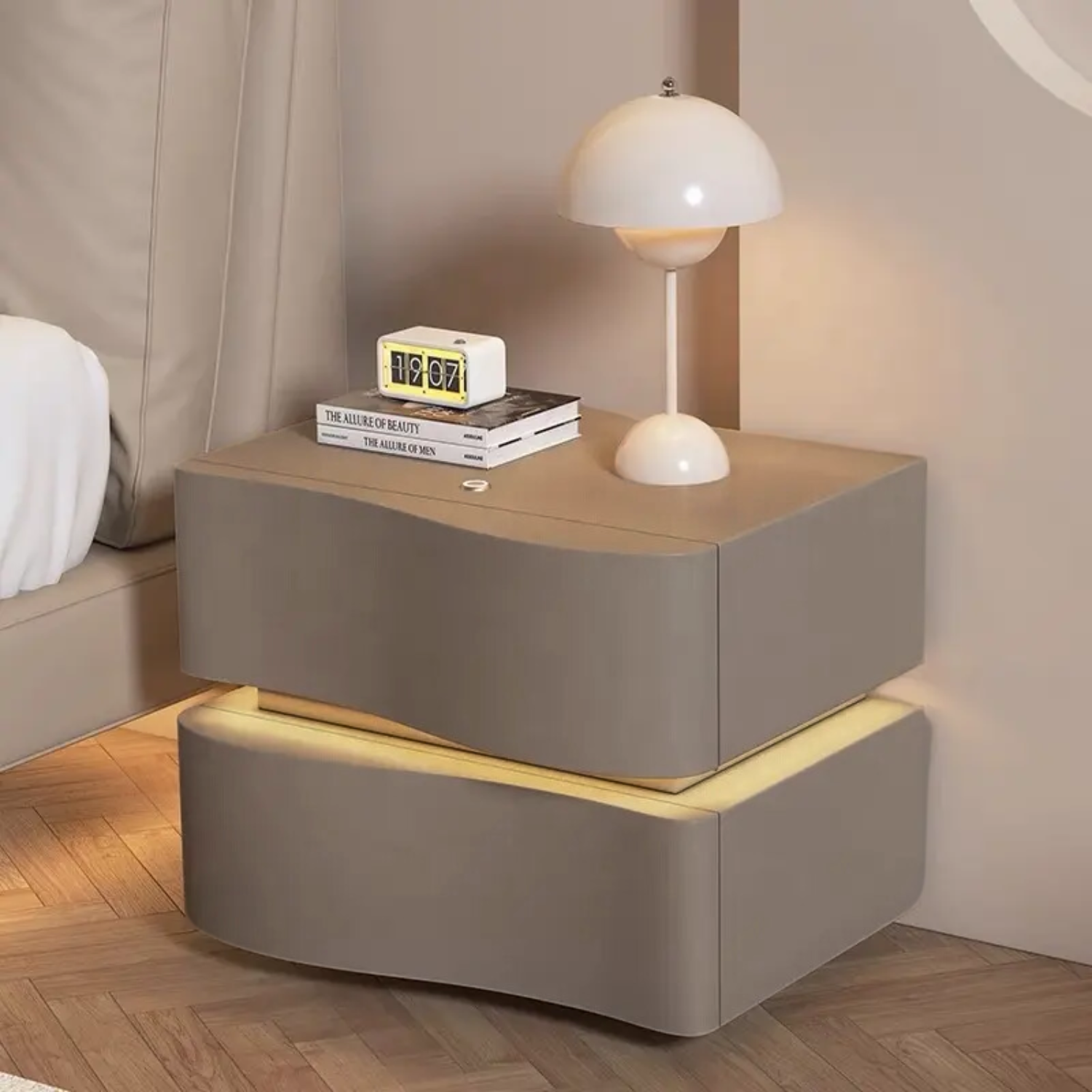 Velador Doble Cajón Con Luz Led Gris
