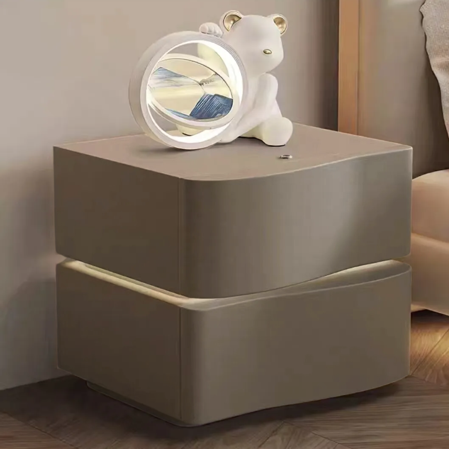 Velador Doble Cajón Con Luz Led Gris