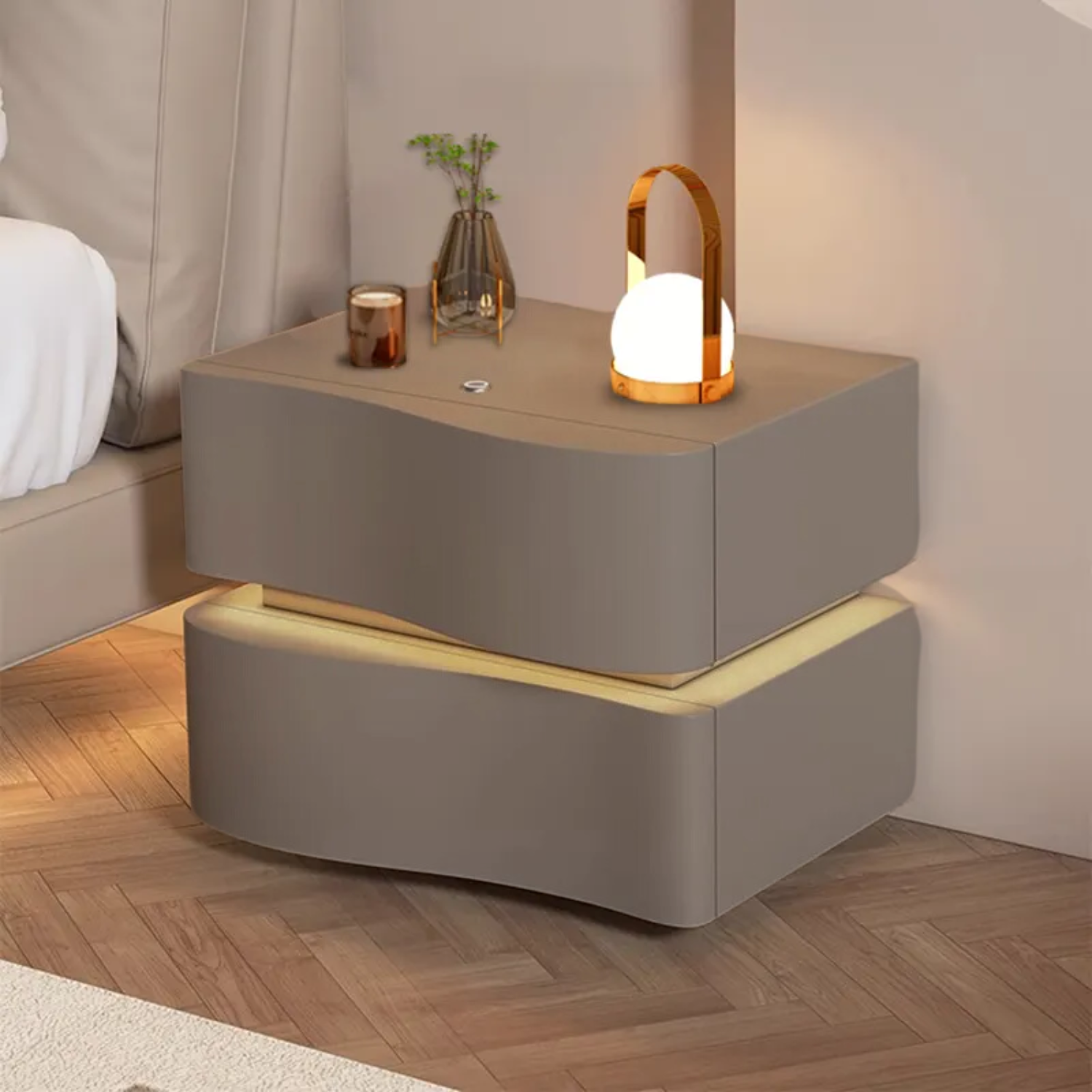 Velador Doble Cajón Con Luz Led Gris