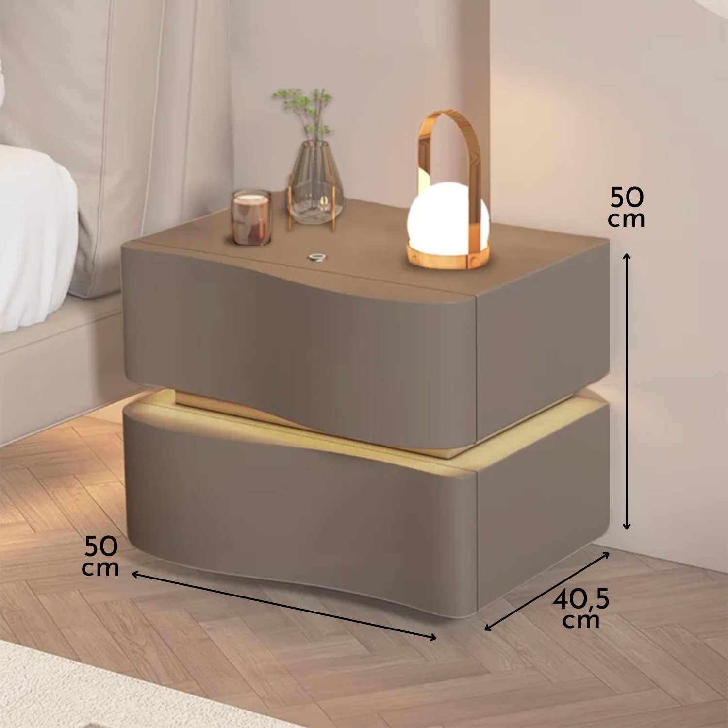 Velador Doble Cajón Con Luz Led Gris