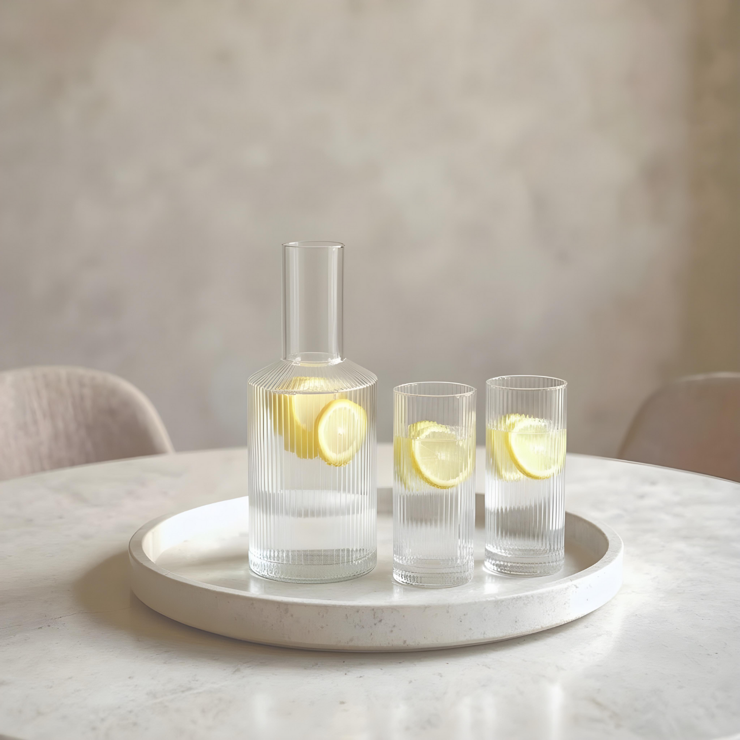 Jarra de Vidrio y 4 Vasos Estilo Europeo