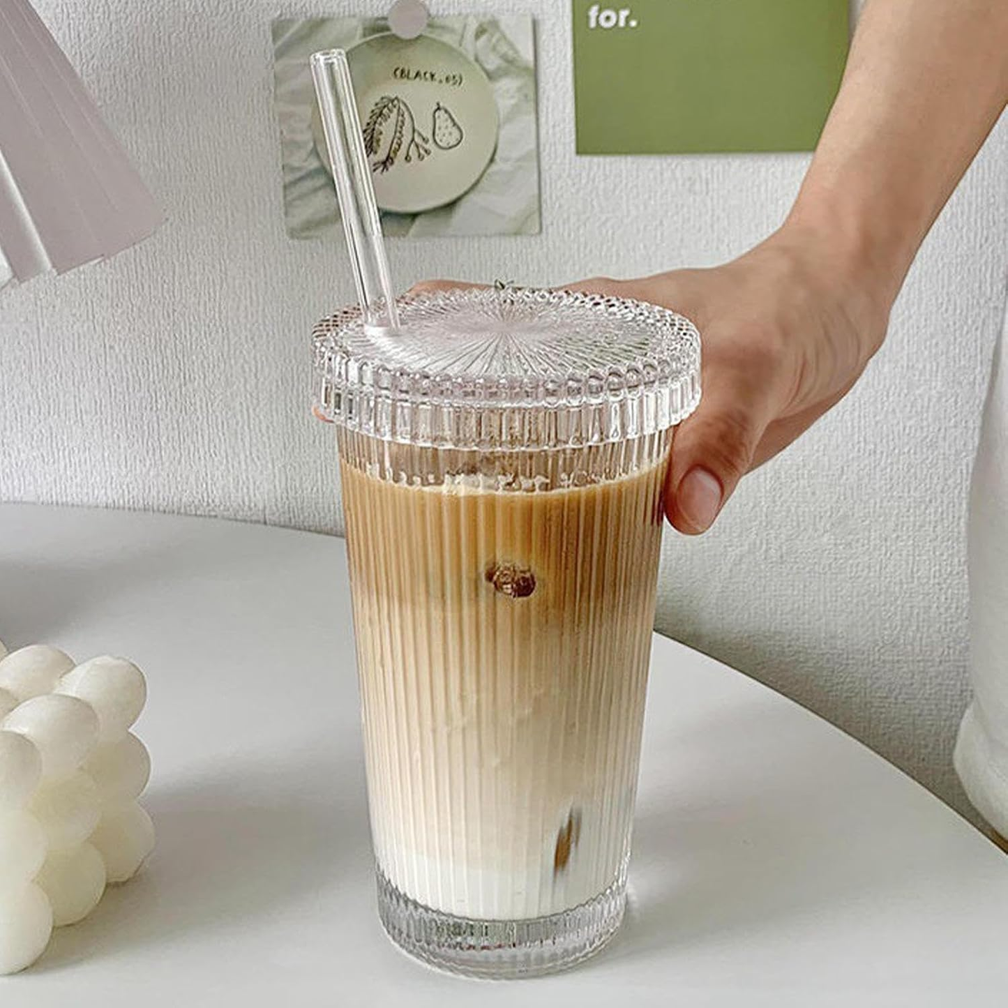 Vaso Vidrio con Bombilla y Tapa Líneas 380ml