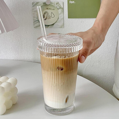 Vaso Vidrio con Bombilla y Tapa Líneas 380ml