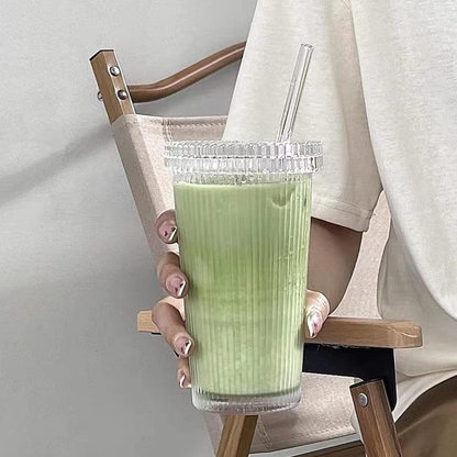 Vaso Vidrio con Bombilla y Tapa Líneas 380ml